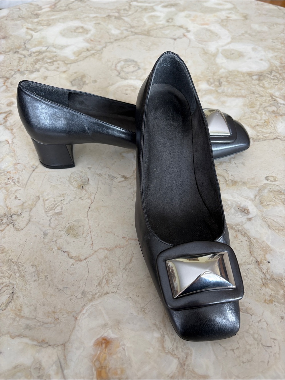 Stuart Weitzman Hexus Metallic Gunmetal Square Toe Buckle Leather Heels